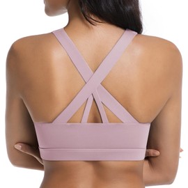 Sports Bra for Women Medium Support Criss-Cross Back Padded Strappy Sports Bras Yoga Bra with Removable Cups,Pink,M