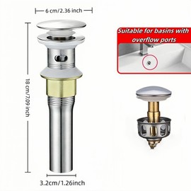 Pop-Up Sink Drain for No Overflow Basin, Stainless Steel, Hair Catcher Filter, 7.09 inch Length, Brushed Nickel (with Holes)