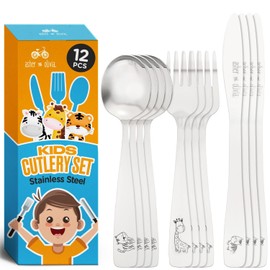 Kids Utensils Silverware Set –12-Piece Toddler Silverware Includes 4 Forks 4 Spoons and 4 Kid-Friendly Knives - Cutlery Metal Flatware Set for Preschooler Baby Child