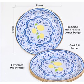 Capri Lemon Paper Plates - Set of 8 Paper Plates - Picnic Party Supplies - Engagement Party Supplies - Blue China Pattern Paper Plates - Lemon Party Supplies - Italian Plates - Capri Lemon 9 in