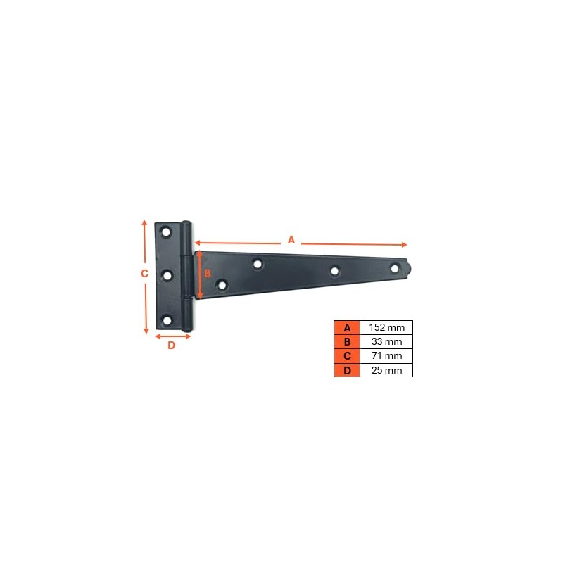 2PK 150mm Black Tee Hinges with Fixings. 6" T-Hinges for