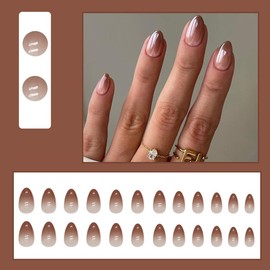 Brown Short Press on Nails Almond Fake Nails Fall Gloss Acrylic Nails French Gradient Glue on Nails Petite Artificial Nails Full Cover False Nails Reusable Artificial Nails for Women Girls 24Pcs