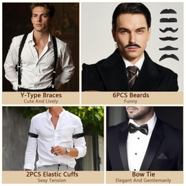 14PCS Mens 1920s Accessories, 1920s Accessories For Men, 1920s Mens Costume Accessories Great Gatsby Costume Men For Cosplay Retro Party Prom（Hat Bow Tie Pocket Watch Glasses Beard Y-type Suspender）