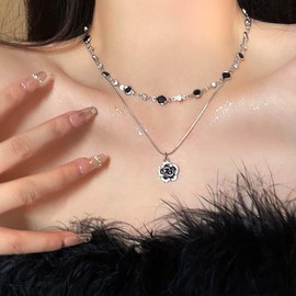 Cimenexe Bohemian Layered Crystal Camellia Choker Necklace Rhinestone Camellia Flower Pendant Necklace Silver Onyx Cz Collar Necklace Black Camellia Sleek Chain Necklace Jewelry for Women
