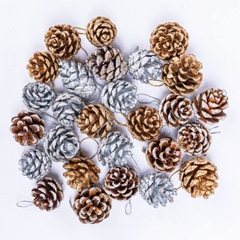 27 Pcs Pine Cones Christmas Decorations, Silver/Gold/White 3 Colors of Pine Cones, Natural Pinecones with String Pendant Crafts for Garland Xmas Tree Baubles Wreath Gift Tag Hanging Ornaments