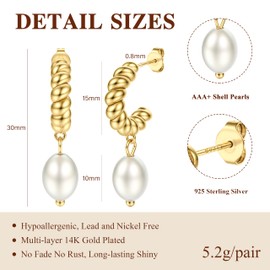 DOCHAIS Hoop Earrings Gold 925 Silver Earrings with Pearls Zircon Hypoallergenic Beads Hoop Earrings Golden Earrings Hoop Earrings Women Jewellery Gold, Sterling Silver