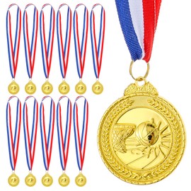 12 Pack Basketball Medals, Metals Gold Award Medals Basketball Trophy Team Participation Trophies with Red, White, And Blue Striped Ribbon Suitable for Sports Competitions Celebration and Party Favors