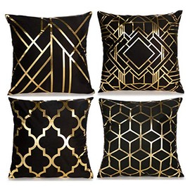 ZLINA Home Decorative Set of 4 Throw Pillow Covers Gold Foil Pillow Covers 18 Ã18 Inch Geometric Square Cushion Covers Decor Couch Sofa Bedroom(Black and Gold)