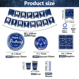 Navy Blue and Silver Birthday Decorations, Birthday Party Supplies for Men Women, Includes Happy Birthday Banner, Tablecloth, Plates, Napkins, Cups, Serves 20 Guest (A)