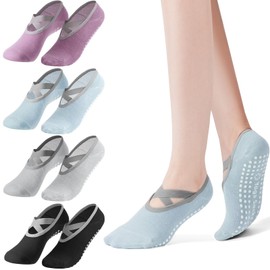 4 Pairs Non-Slip Socks for Women Yoga Pilates Socks with Strap Yoga Socks for Girls Ballet Dance Barfootball Gymnastics, Black, grey, blue, purple