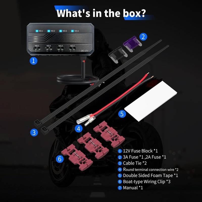 12V Universal Motorcycle Fuse Block with Relay Box Kit, LED