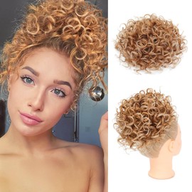 Flyroseing Ombre Ginger Strawberry Blonde Messy Bun Hair Piece,Short Curly Elastic Drawstring Hair Bun Extensions,Synthetic Fake Hair Curly Bun Hair Piece Clip for Women Hair Bun Extension