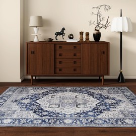 DUKINO 3x5 Rugs for Living Room, Soft Non-Slip Washable Area Rugs, Faux Wool Bedroom Rug with Non-Shedding, Indoor Low-Pile Boho Rugs for Dining Room, Home Office, Blue