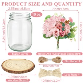 Set 6 Mason Jar Table Centerpiece - Wedding Centerpieces for Tables, Mason Jar Flower Centerpiece Vases Decor- Boho Farmhouse Rustic for Engagement, Bridal Shower, Wedding, Versatile Decor (Pink)