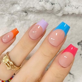 Redykat 24PCS Glossy Coffin Press On Nails, Salon Quality Nail art, Extra Long Acrylic Fake Nails, False Nails, Home Quick Manicure……… (Colorful Life)