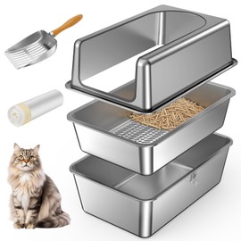 All Stainless Steel Sifting Litter Box with Lid,XL Extra Large Metal Sifting Cat Litter Box for Pine Pellets,High Sides Sifter Litter Pan System for Big Cats,Odor Control,Sifting Box Liners and Scoop