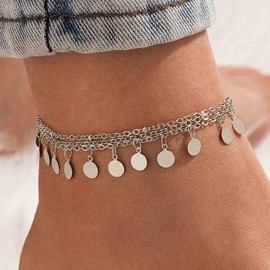 Cimenexe Bohemian Layered Coin Dangle Ankle Bracelet Silver Disc Ankle Chain Bracelet Layered Circle Disc Beach Anklet Chain Small Coin Foot Chain Anklet Summer Beach Foot Chain Jewelry for Women