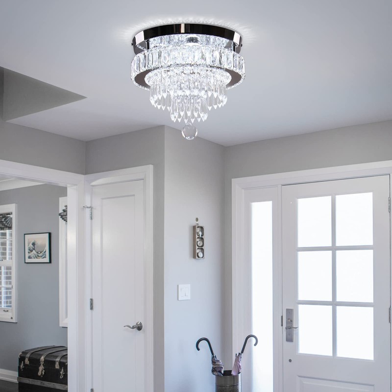 Dimmable Crystal Chandeliers 11.8" LED Flush Mount Modern Ceiling Light