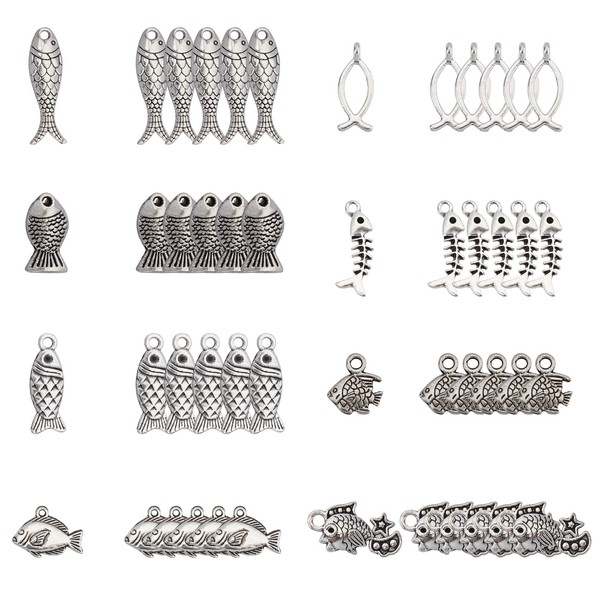 SUNNYCLUE 1 Box 80Pcs 8 Styles Fish Charms Bulk Tibetan