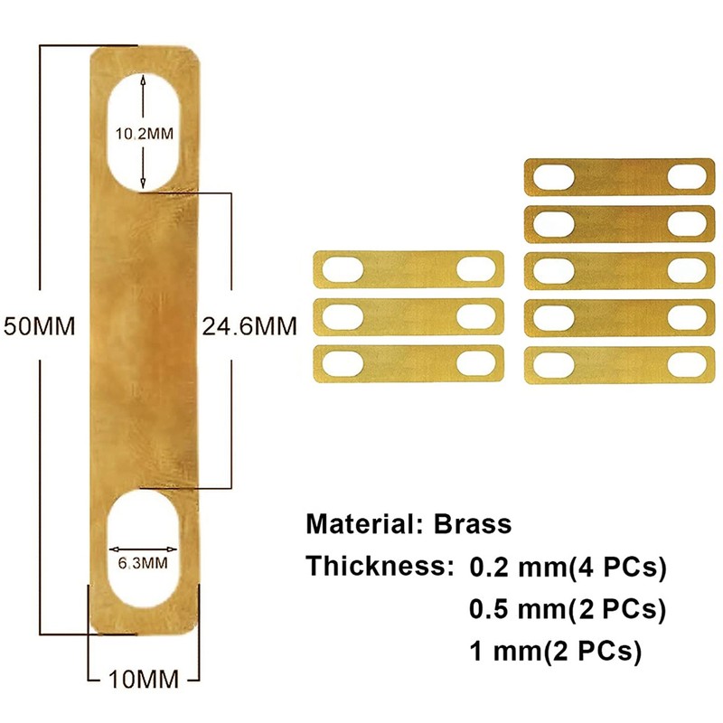 MX0312D 8Pcs Guitar Neck Shims 0.2mm 0.5mm 1mm Thickness Brass