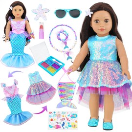American 18 Inch Doll Makeup Accessories and Mermaid Clothes Set,Included 2 Pieces Clothes,Mermaid Messenger Bag, Starfish Hairpin, Sunglasses, Lipstick, Necklace, Bracelet, Eye Shadow and Sticker