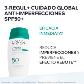 Uriage Hyseac 3-Regul+ SPF50+ 50ml - Tratamiento 2 en 1 anti-imperfecciones y protección UVA/UVB - Ácido salicílico y Zinc, matifica e hidrata, textur