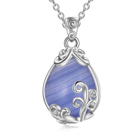POPLYKE Sterling Silver Gemstone Filigree Teardrop Pendant Necklace Crystal Jewellery for Women, 925 sterling silver, rhodium-plated, nickel-free, lead-free, cadmium-free, Blue Lace Agate
