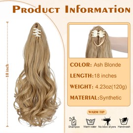 Wodelanle Ponytail Extension 18″ Claw Wavy Curly Clip in Ponytail Extension Natural Looking Synthetic Pony Tails Hair Extensions Hairpiece for Women - Ash blonde
