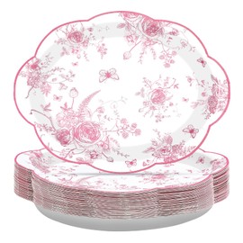 50Pcs Pink Floral Oval Paper Plates 10" x 12" Large Pink and White Floral Scalloped Plates Disposable Heavy Duty Vintage Flower Dessert Platters for Wedding Bridal Shower Decoration Tea Party Supplies