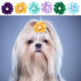 Hffheer 30 Pieces Pet Hair Bows with Flowers, Stylish Daisy Shape Puppy Polyester Fabric Hair Clip with Rubber Bands for Cats, Medium and Small Dogs