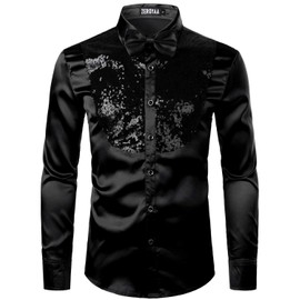 ZEROYAA Men's Shiny Sequins Design Silk Like Satin Button Up Disco Party Dress Shirts with Bow Tie ZLCL22-Black Solid XX-Large