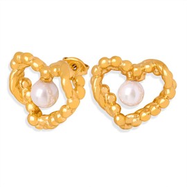 ZEBRAGO Vintage Twist Textured Heart Shaped 18K Gold Plated Stainless Steel Pearl Stud Earrings for Women, Stainless Steel, No Gemstone