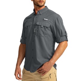Men's Sun Protection Fishing Shirts Long Sleeve Travel Work Shirts for Men UPF50+ Button Down Shirts with Zipper Pockets(Dark Grey Medium)