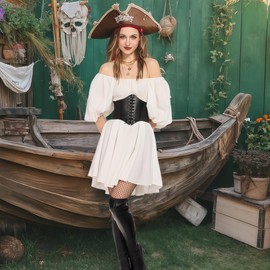 kasahara Pirate Costume Women's Set Medieval Pirate Off Shoulder Jumpsuit Outfit with Corset, Stocking, Headscarf, Carnival Full Fancy Dress Costume (White Short Sleeves, XL)