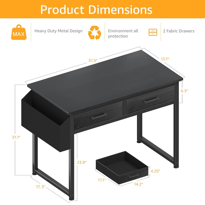 DLisiting Small Desk with Fabric Drawers for Bedroom, 32 Inch