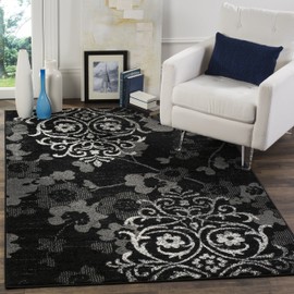 SAFAVIEH Adirondack Collection ADR114A Floral Glam Damask Distressed Non-Shedding Living Room Bedroom Dining Home Office Area Rug, 8' x 8' Square, Black / Silver
