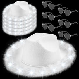 Zhanmai 6 Pieces Cowgirl Light up Hat with Feather Boa, 6 Pieces Heart Sunglasses Set for Girls Bachelorette Costume Party(White)