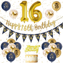 16th Birthday Decorations Boys Blue Gold Happy 16th Birthday Banner, 16th Birthday Balloons, Navy Blue Gold Latex Balloons Party Decorations Confetti Balloons for Boys 16 Birthday Party Supplies