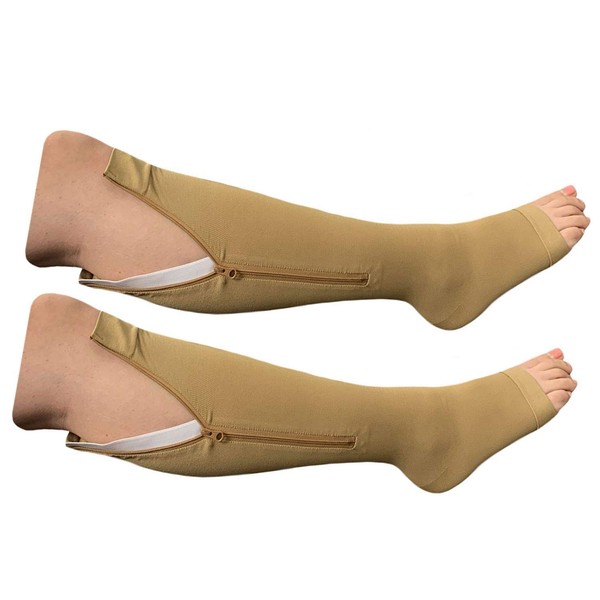 HealthyNees Big Tall Plus Size Wide Calf & Extra Wide 20-30 mmHg Open Toe Medical Compression Leg Swelling Circulation Men Women Socks (Beige With Zipper, Big Calf 3XL)