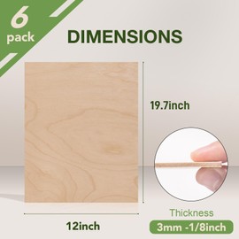 Wowood 6 Pack Maple Plywood Sheets, 12 x 20 x 1/8 Inch, 3mm Plywood for Laser Cutting, Thin Unfinished Wood Sheets for Architectural Models, Wood Burning and DIY Wood Crafts
