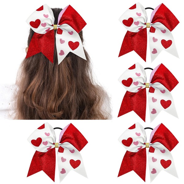Whaline 4Pcs Valentine's Day Cheer Hair Bow Scrunchies Glitter Heart Prints Grosgrain Ribbon Bow Hairband Red Pink White Elastic Hair Ponytail Holders for Women Birthday Costume Decoration