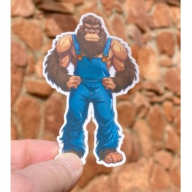 Handmade 2" Bigfoot wearing overalls Sticker, Decal, Bigfoot, Sasquatch, Hiking, Creature