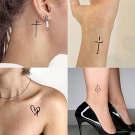 Cross Semi Permanent Tattoo, 2 Sheets Realistic Christian Temporary Tattoo for Women Men Adults, Symbolic Minimalist Lines Tattoos for Finger Arm, Lasts 1-2 Weeks, Waterproof & Non-reflective