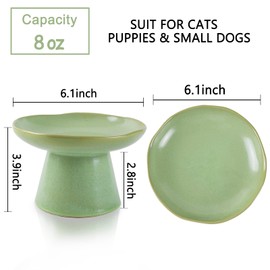 Wide Shallow 6.1" Raised Cat Bowls, Ceramic Elevated Food Bowl for Flat Faced Cats and Small Dogs, Porcelain Feeder Bowl, Stress Free, Protect Cat’s Spine, Green
