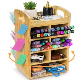 ZAVOOS Bamboo Art Supply Organizer, 360° Rotating Pen Holder with Handle, Holds 400+ Pencils, 15 Compartments Desktop Storage Stationary Caddy for Colored Pencil, Pens, Art Brushes, Crayon