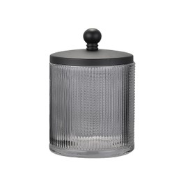 Indecor Home Glass Jar with Metal Lid for Bathroom Organization, Clear Apothecary Jar for Cotton Balls, Q Tips, and Small Accessories, Stylish Bathroom Storage Container Grey, Black