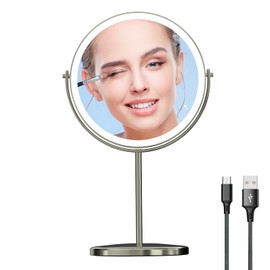 8" Lighted Makeup Mirror with Magnification, 1X/10X Magnifying Lighted Vanity Mirror, Double Sided 360 Swivel USB Rechargeable, 3 Colors Dimmable Lightning Mirror with 52 LEDs Brush Nickle
