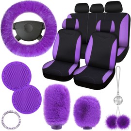 Tallew 17 Pcs Purple Fluffy Car Seat Cover Full Set for Women Fuzzy Car Decor Steering Wheel Cover Soft Fleece Handbrake Shift Hanging Ornament Accessory Holder Ring Sticker