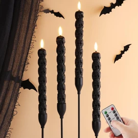 Eywamage Black Skull Flameless Taper Candles with Remote, Flickering Real Wax Battery LED Candlesticks Set of 4
