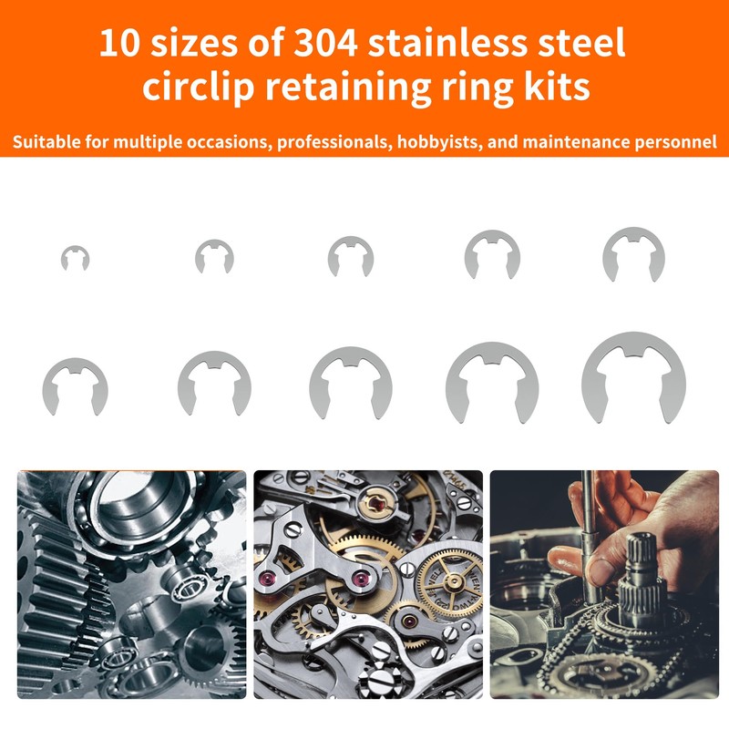 NexSync 200-Piece Metric E-Clips Assortment Kit,304 Stainless Steel External Retaining